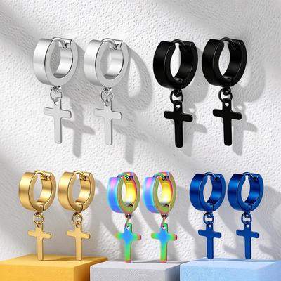 Серьги-кольца с подвесками-крестами из нержавеющей стали, короткие застежки-щелчки, серьги-гвоздики, хип-хоп, панк, модные европейские и американские ювелирные изделия
