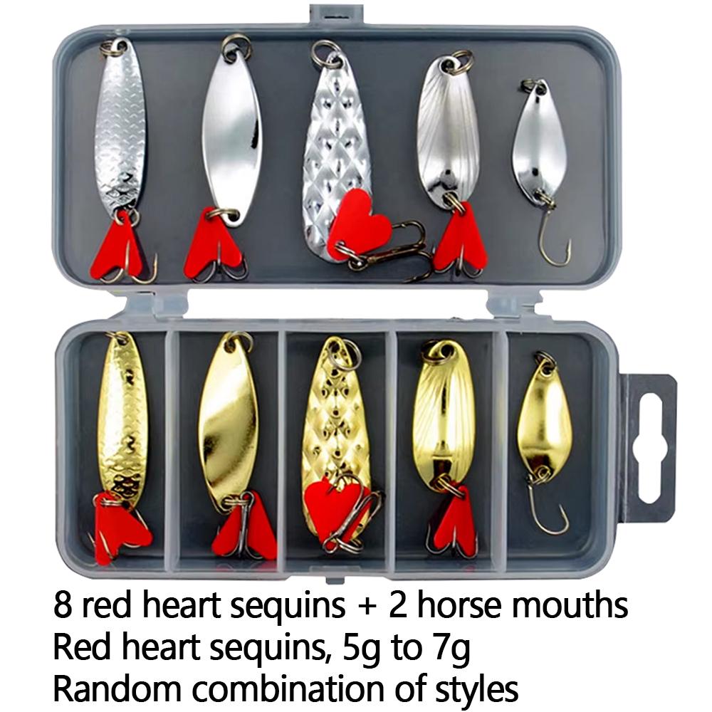 10Pcs Fishing Metal Spoon Lure Kit Set Gold Silver Baits Sequins Spinner Lures with Box Treble Hooks Fishing Tackle Gear