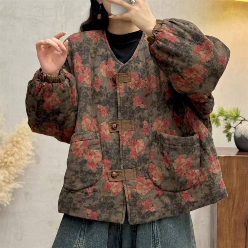 Johnature V-Neck Print Vintage Niche Single Breasted Woman Winter Loose Long Sleeves Coats