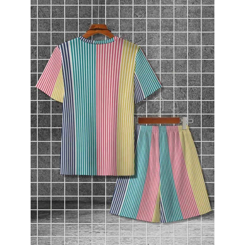 Men's Summer Colorful Striped Set: Vertical Line Tee with Matching Shorts. Loose Fit Big Size for Beach & Vacation