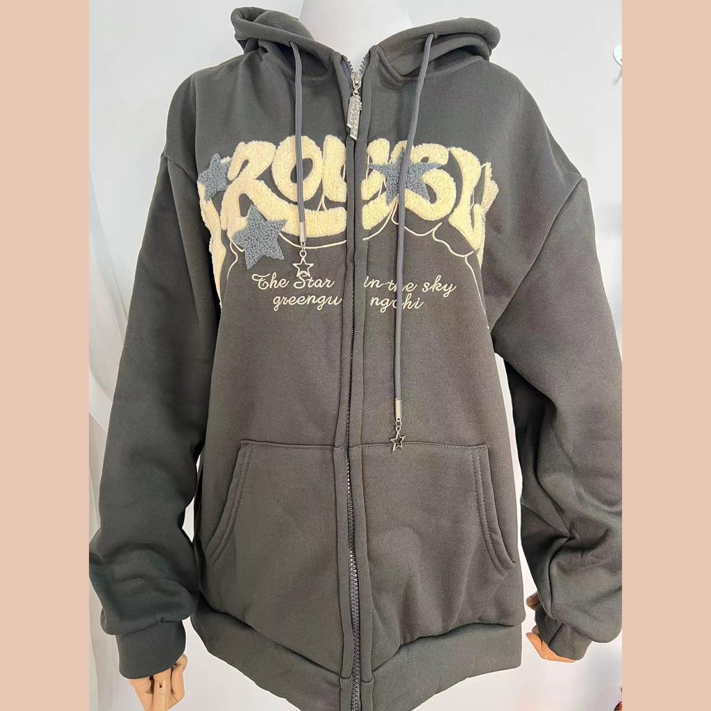 Women Letter Embroidered Hoodies Autumn Winter Vintage Zip Up Loose  Hooded Sweatshirts Harajuku Y2K Long Sleeve Jacket Clothes