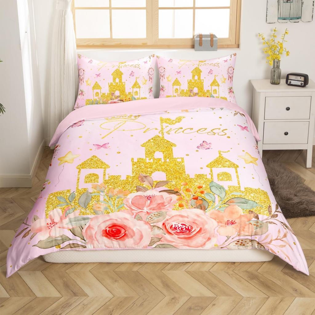 Fairy Tale Castle Bedding Set Twin QueenGirly Golden Castle Silhouette Duvet CoverBlooming Flowers Botanical Comforter Cover