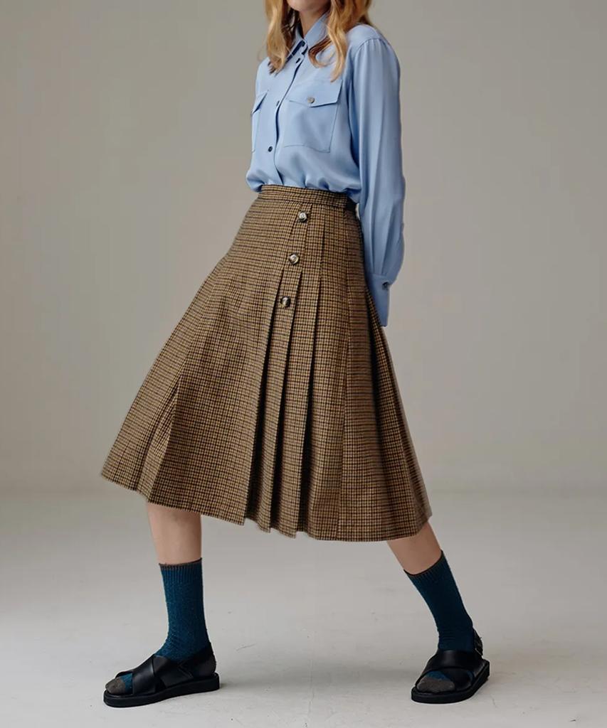 VOYONN Wool Check Pleated Skirt Brown 505