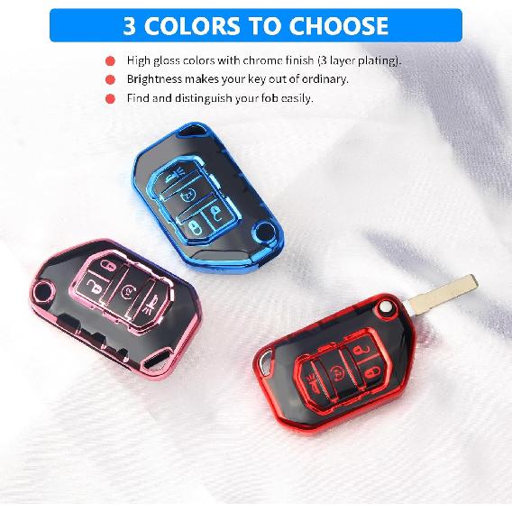 QBUC Чехол для брелока ключа Jeep с брелоком, совместимый с Jeep Wrangler JLU JL Gladiator Rubicon JT, складным ключом автомобиля (розовый)
