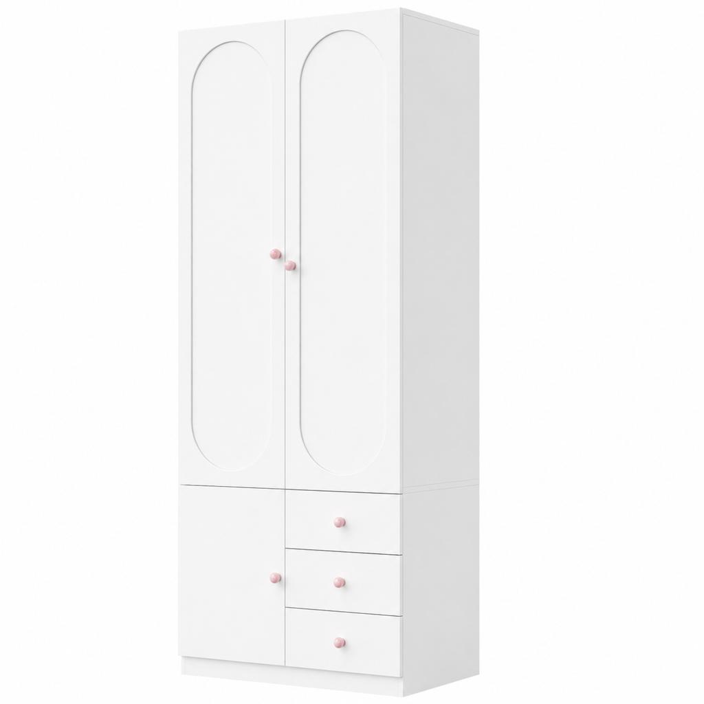 2-Door wardrobe with drawers, bedroom cabinet, children's room furniture, with clothes rail, pink ceramic handles, white, lacquer finish, 80×50×200 cm