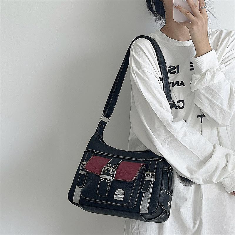 Yogodlns Retro Patchwork Shoulder Bag For Women Soft Leather Crossbody Bag Cool Girl Messenger Bag Shopping Purse Handbag