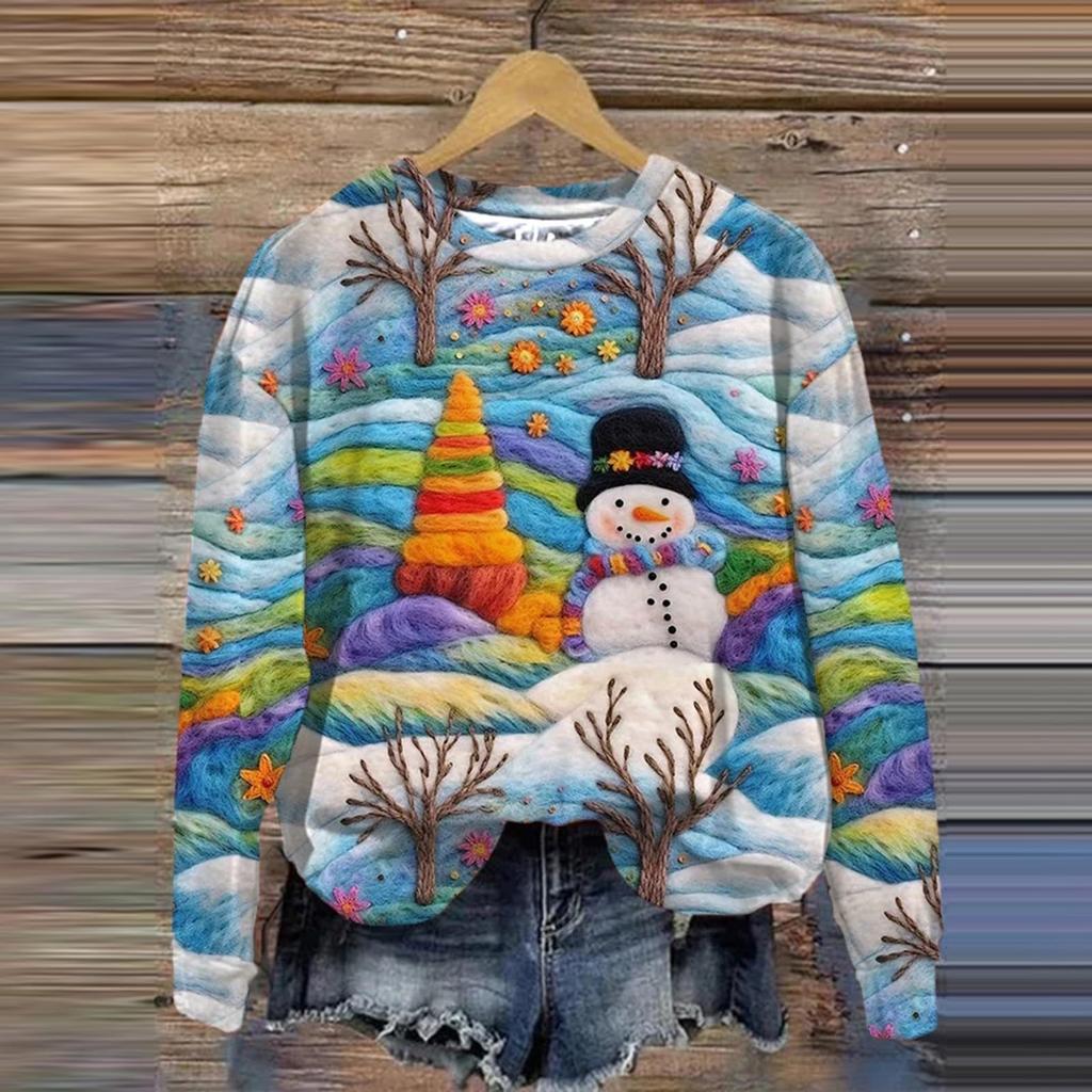 Ladies' Christmas Printed Long Sleeved Round Neck Hoodie Loose Top