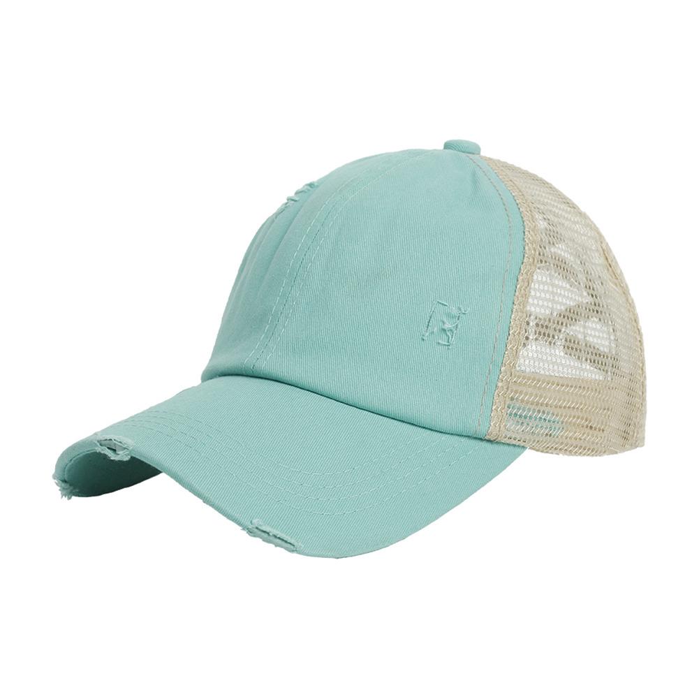 Women Cross Ponytail Baseball Cap Mesh Adjustable Outdoor Sports Washed Distressed Peaked Cap