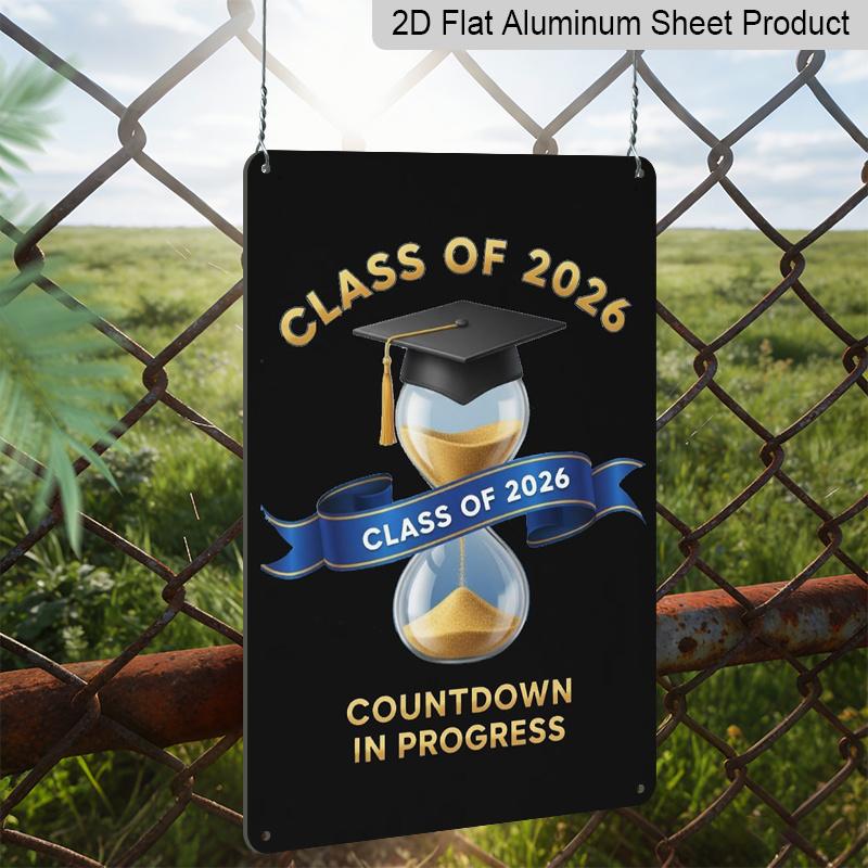2D Flat, 1pc "Class of 2026 Countdown in Progress" Aluminium Sign - 8"x12" Gold & Blue Graduation Decor, Hourglass & Grad Cap Wall Art, Perfect for