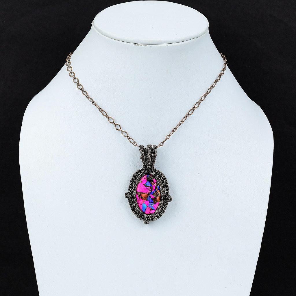 Натуральный Кингман Розовый Георгин Бирюзовый Кулон Кулон, обернутый медной проволокой Ручные медные украшения Бохо кулон Подарок для мамы Украшения из драгоценных камней