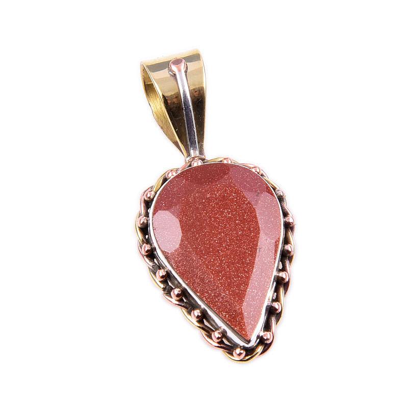 Natural Sunstone Gemstone 925 Solid Sterling Silver Two Tone Pendant 1.25" d6I25