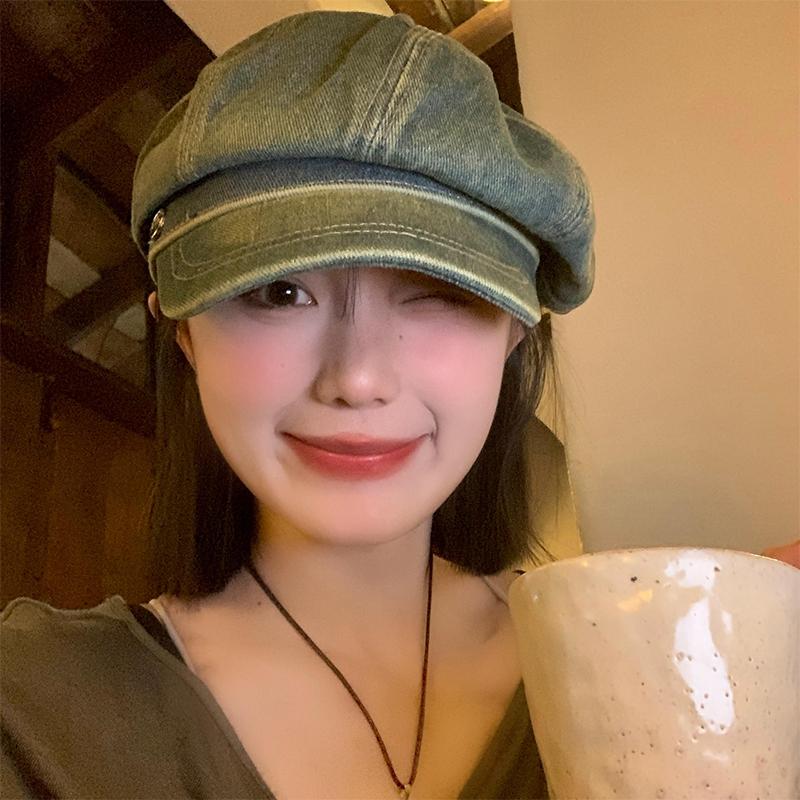 Отдел старых потертых джинсовых беретов, женская весенне-осенняя универсальная шляпа с большой окружностью головы, показывающая лицо, маленькая шляпа