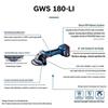 Bosch GWS-180-LI Cordless Angle Grinder CN plug (adapter included)