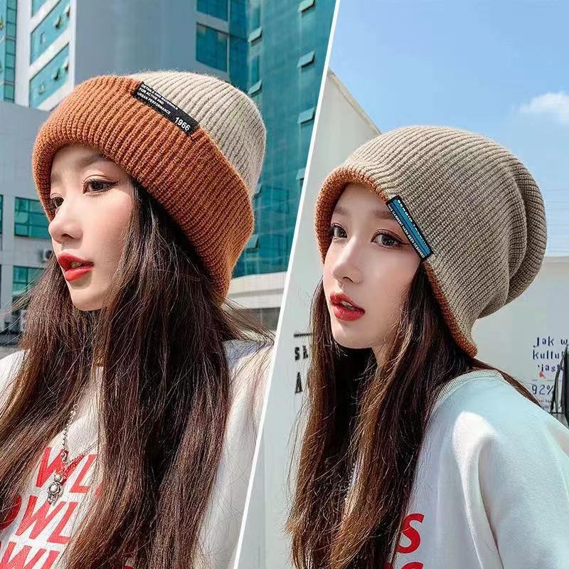 Knitted Hat for Women In Winter Double Layer Versatile Wool Hat Warm Big Head Circumference Double Sided Ear Protection Face Small Hat