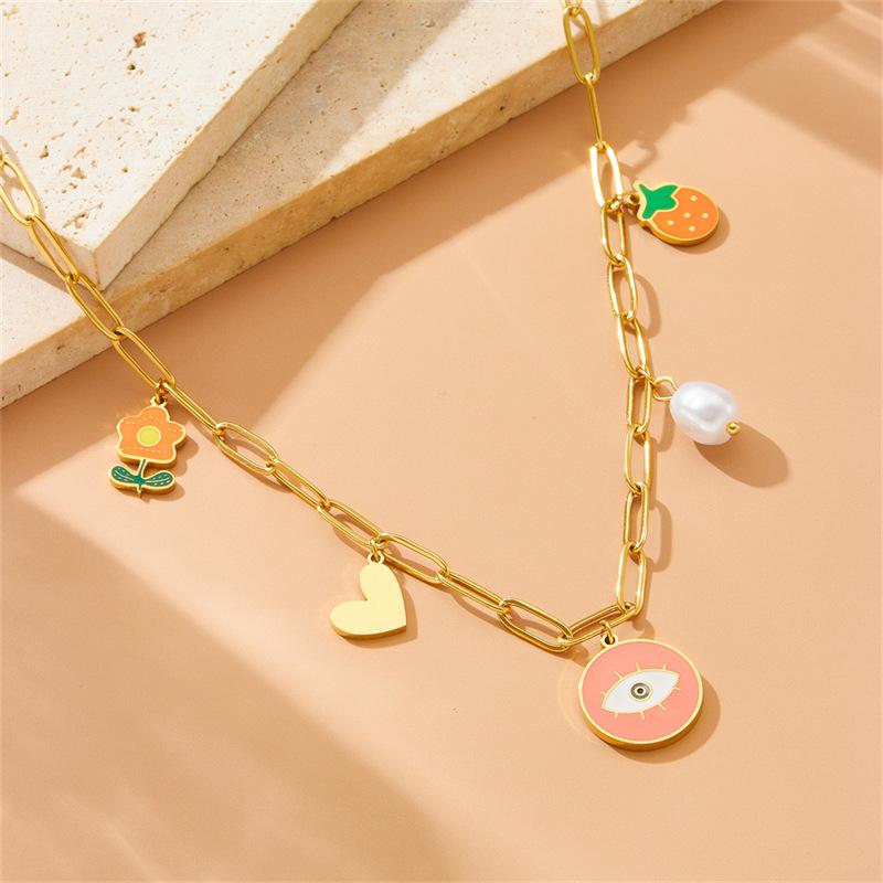 Cartoon Cute Painted Oil Drop Heart Flower Pearl Pendant Chain Titanium Steel Necklace