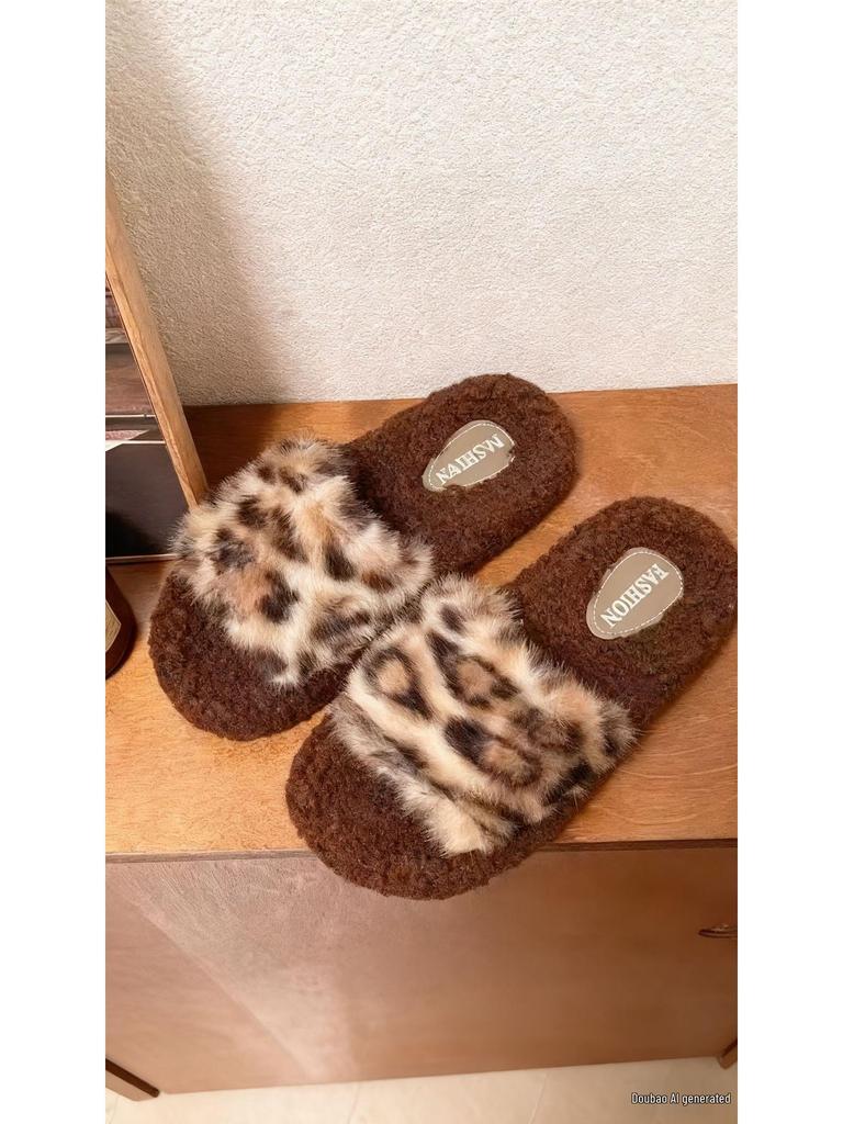 Женские осенне-зимние нескользящие плюшевые домашние тапочки с принтом кошки и леопарда – Милый хлопковый дизайн для родителей и детей