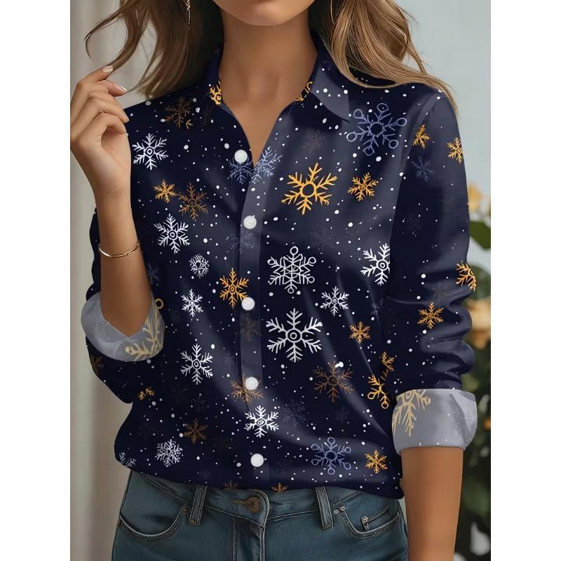 Autumn Snowflake pattern Print Blouse Ladies Long Sleeve Button Laple Loose Shirt Tops Casual Fashion Christmas Women's Clothing