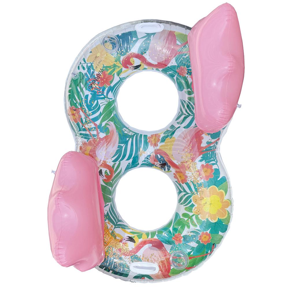 Плавательный круг со спинкой в виде фламинго с пайетками большого размера, с подстаканником и ручками