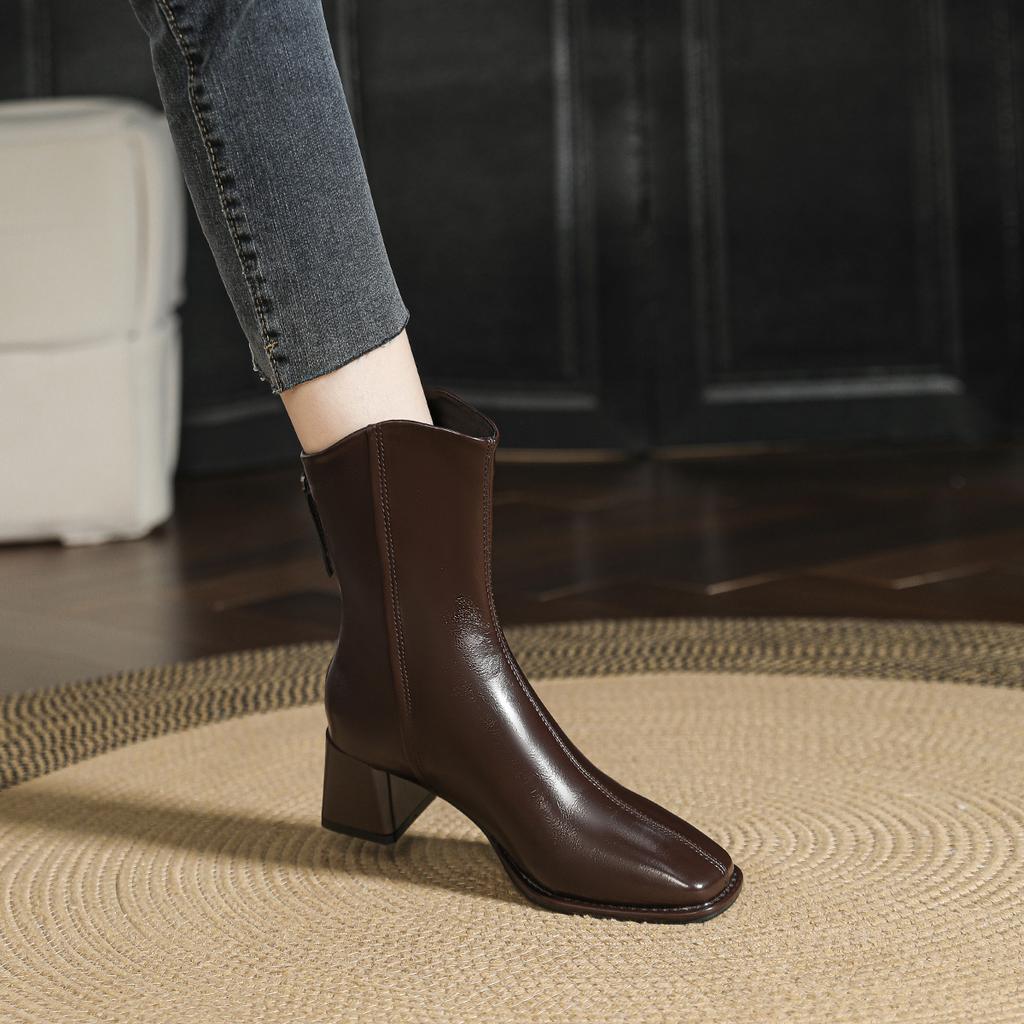 Короткие ботильоны на толстом каблуке женские 2024 новые ботильоны средней высоты диагональные коричневые французские маленькие короткие ботильоны квадратный носок высокий каблук тонкие ботильоны
