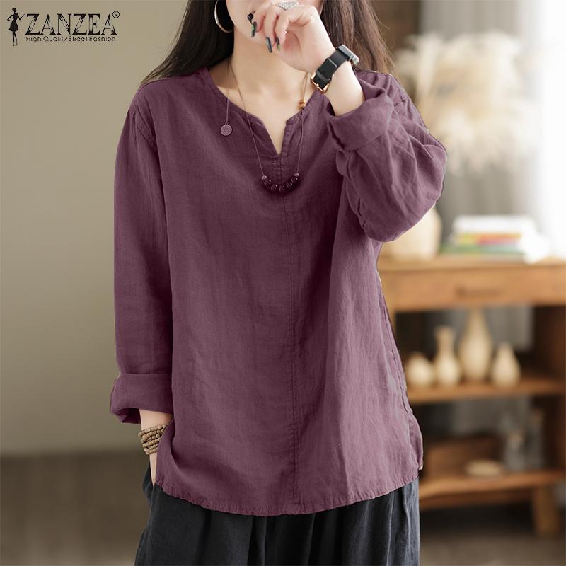 ZANZEA Женские повседневные хлопковые блузки с v-образным вырезом и длинными рукавами