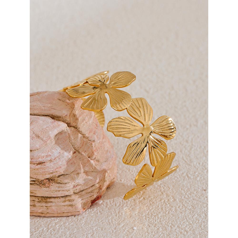 Yhpup High Quality Stainless Steel Flower Cuff Open Statement Bracelet Bangle Gold Color Tarnish Resistant Metal Stylish Jewelry