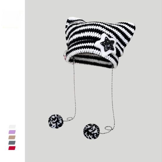 Зимняя вязаная шапка с дизайном кошачьих ушек, декором в виде плюшевого помпона и полосатым принтом, ветрозащитная, теплая, женская шапка, головной убор для холодной погоды