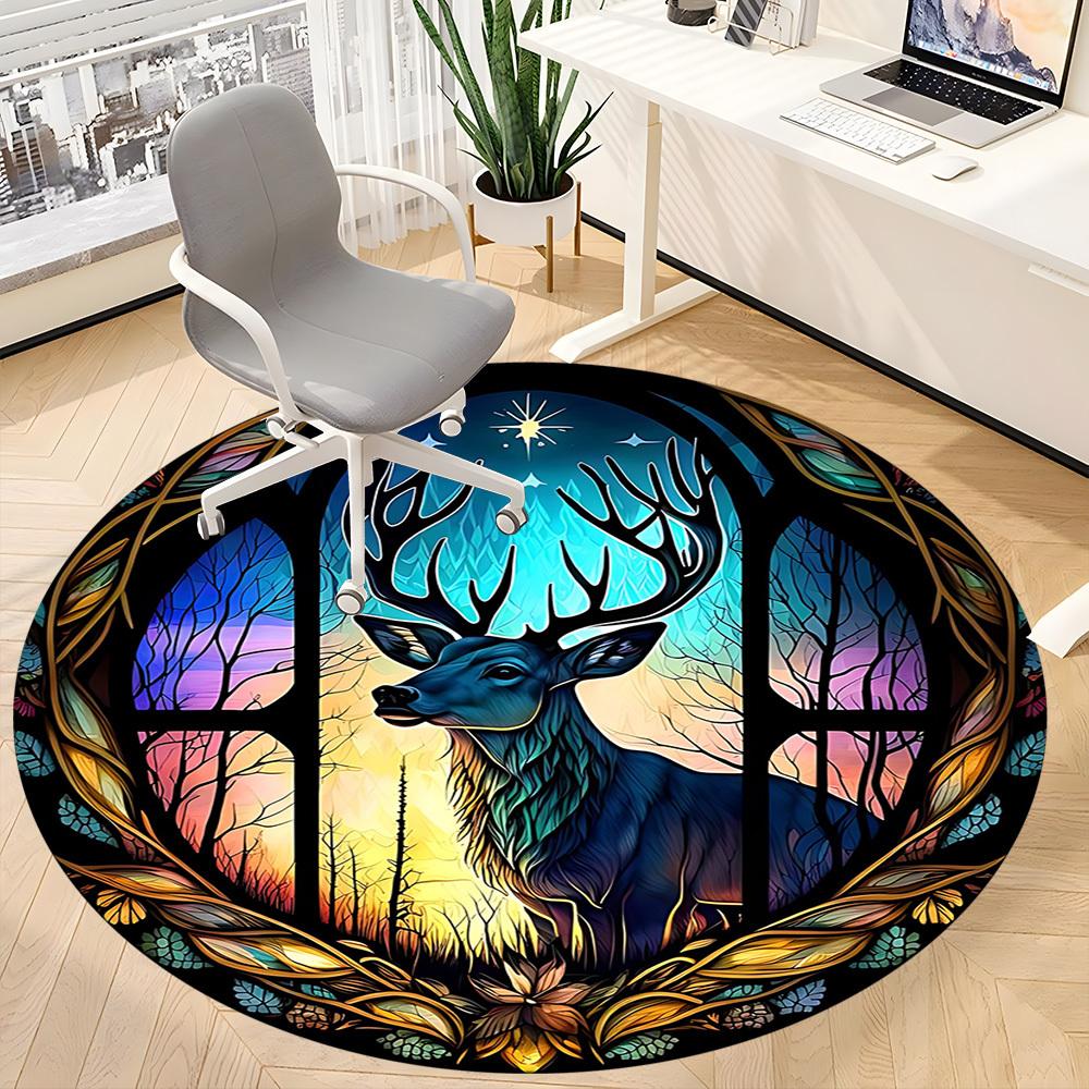 1pc Stained Glass Deer Office Round Area Rug, Under Office Chairs Bedroom Living Room Home Decor, Room Deco