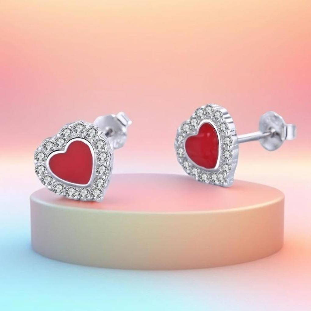 Women's Silver 925 Cubic Red Heart Simple Earrings