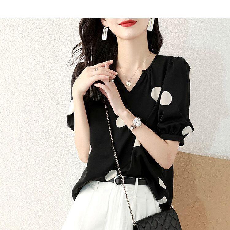 Модная свободная рубашка с короткими рукавами в горошек для женщин