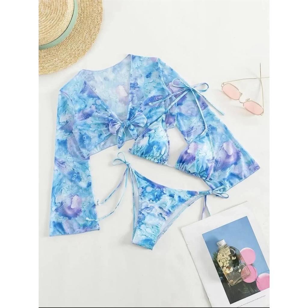 Сексуальный синий Tie Dye комплект из 3 предметов, женский комплект бикини с длинным рукавом и завязками спереди, купальник 2024, купальный костюм с завязками сбоку, стринги, купальник