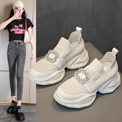 Модная платформа туфли женские стразы пряжка вязаные хрустальные лоферы дышащая воздушная сетка маффины балетки женские полиэстер плетение кроссовки