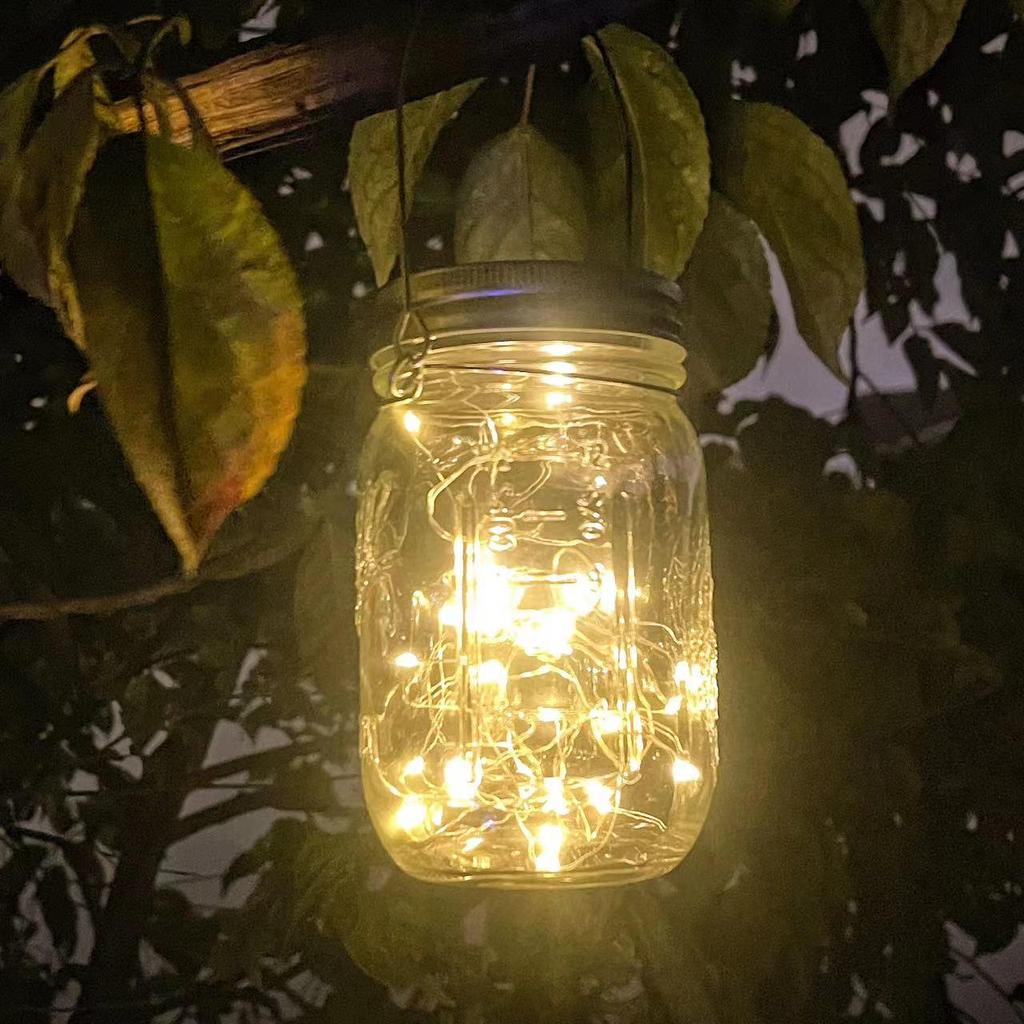 Solar Crackle Glass Mason Jar Hanging Light - Outdoor Garden Christmas Decoration