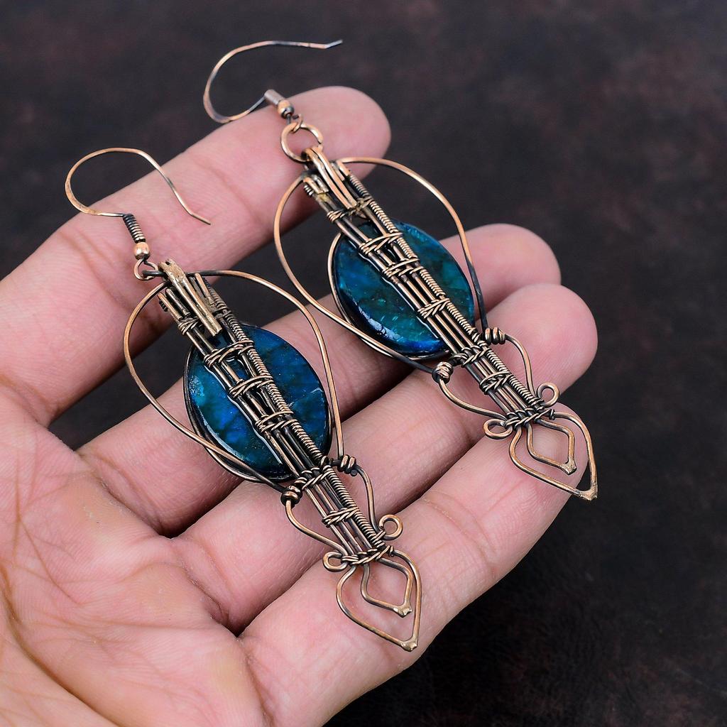 Серьги из синего огненного лабрадорита, серьги из медной проволоки с драгоценными камнями, ювелирные изделия из меди ручной работы, уникальные серьги в подарок для матери, ювелирные изделия из проволоки