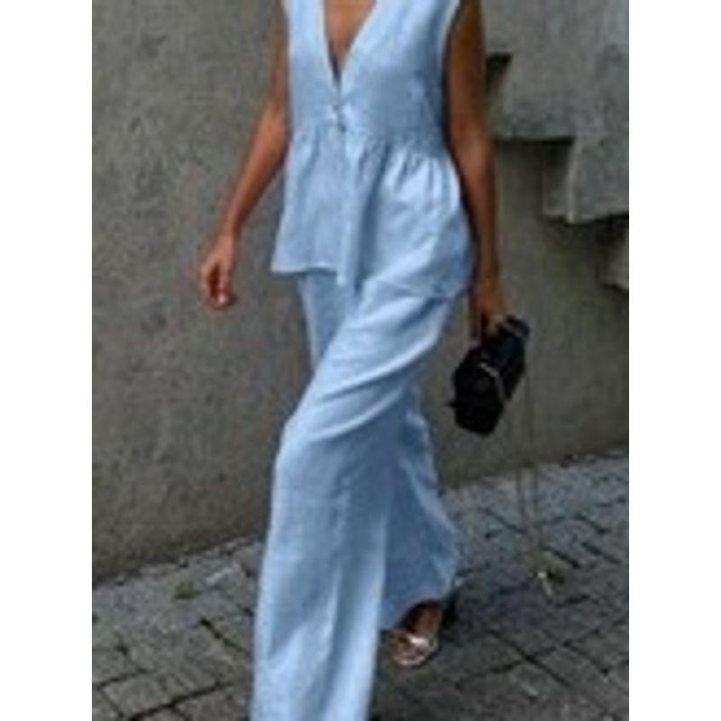 V-neck Sleeveless Vest Pants Set Pure Color Women V Neck Sleeveless Vest Pants Suit