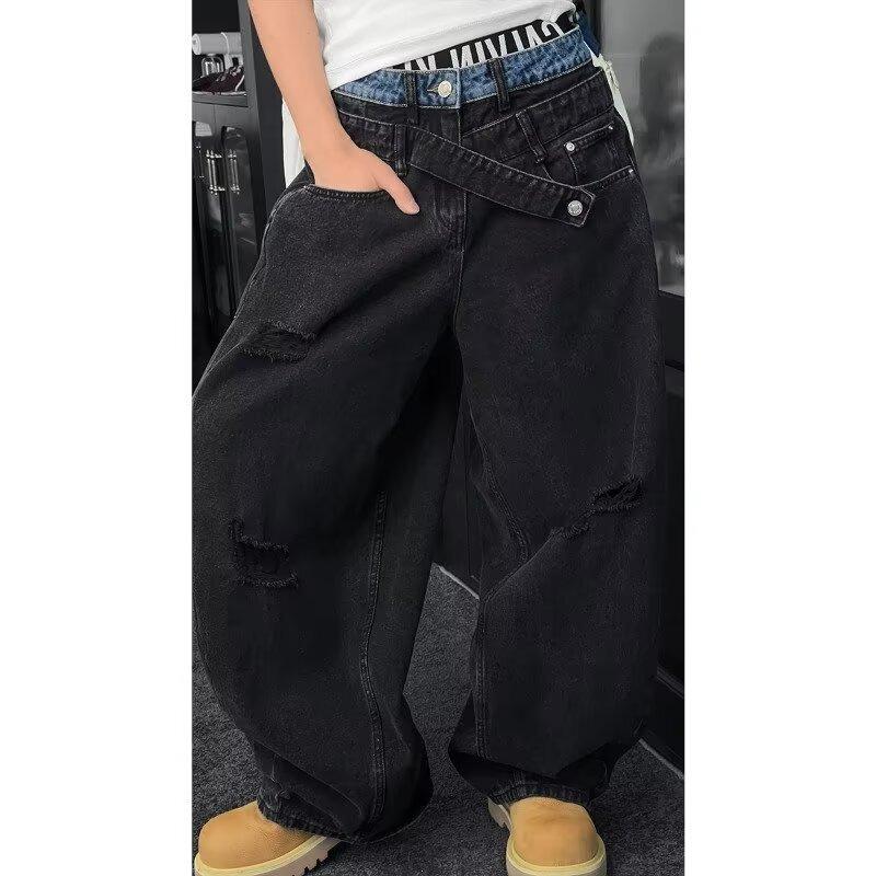 Niche design double waist ripped jeans men's trendy brand ruffian handsome fried street pants high-end scimitar wide-leg pants