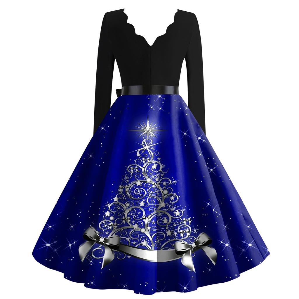 Женские рождественские повседневные модные винтажные платья с v-образным вырезом и длинными рукавами с принтом