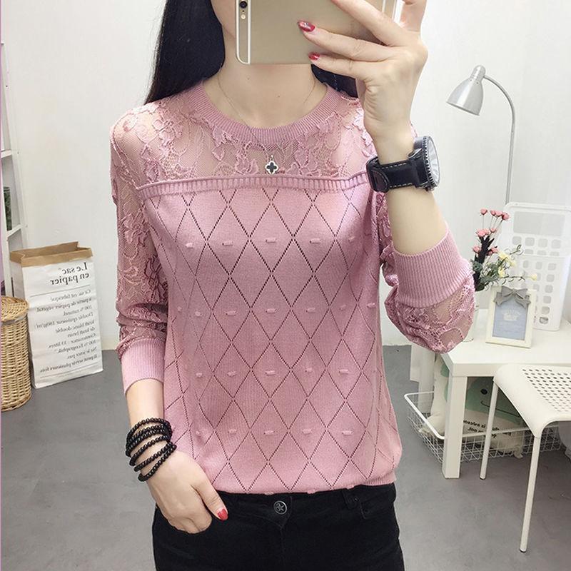 Кружевная основа рубашки женская футболка с длинным рукавом свободный и универсальный весенний трикотаж женский тонкий топ