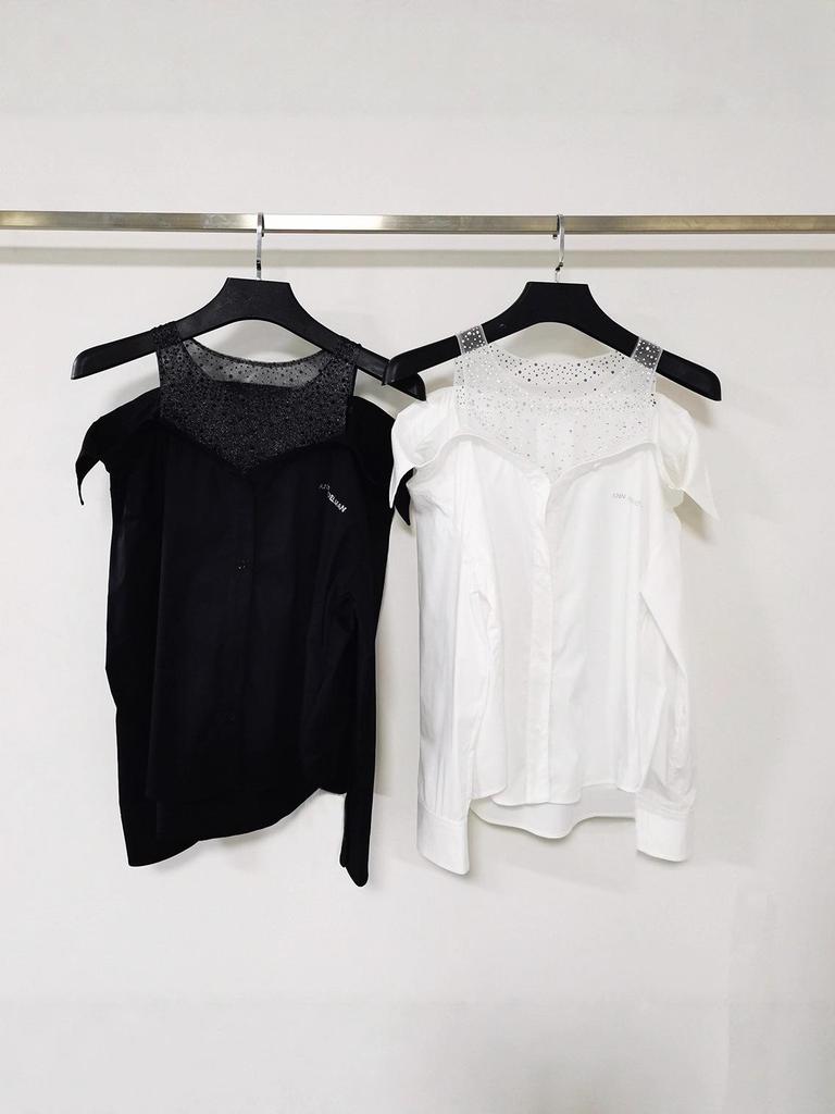 2026 Early Spring New Style Off-Shoulder Letter Crystal Mesh Patchwork Loose Long-Sleeve Women's Top