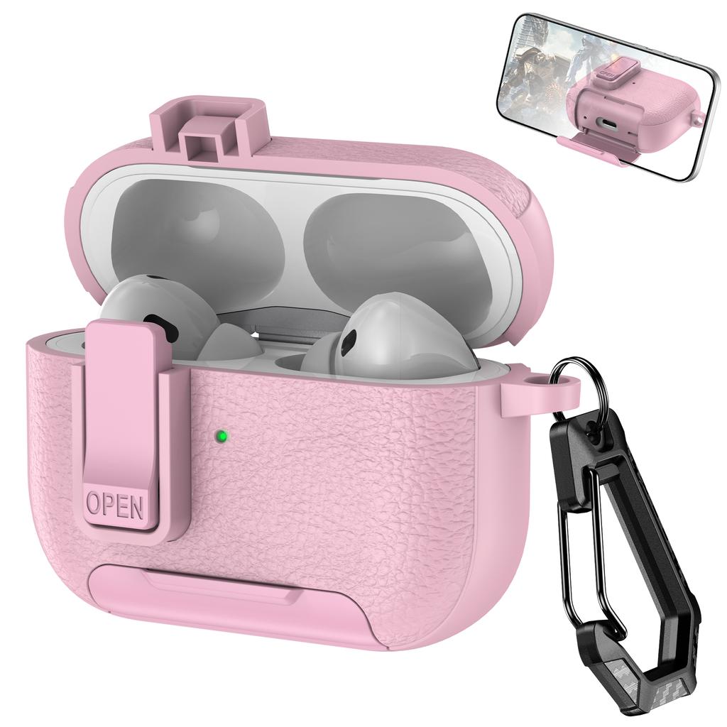 For Apple AirPods Pro Protective Case with Stand Litchi Texture Leather TPU + PC Earphone Cover with Lock Buckle and Carabiner