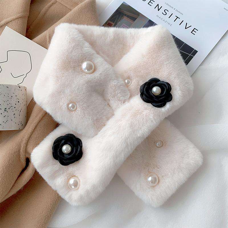 Soft Furry Plaid Scarf Korean Style Label Japanese Autumn and Winter Ins Plush Girl Scarf Imitation Rex Rabbit Fur Thickened
