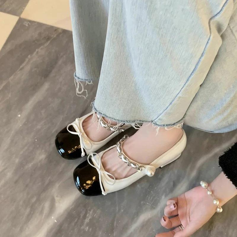 Fashion Retro Square Toe Chunky Heels Mary Jane Shoes New Color Matching Bow Chain Pumps Outdoor Dress Soft Ballet Shoes 2024