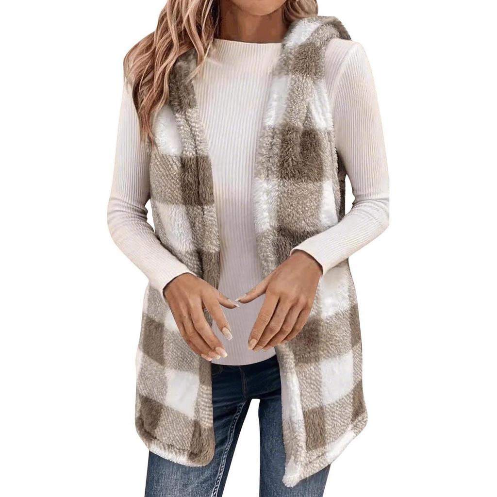 Женский темпераментный кардиган в клетку с капюшоном и плюшевым жилетом