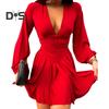 Women Dress Low Cut Deep V Neck Long Lantern Sleeves Solid Color Tight Waist Pleated A Line Big Swing Commute Lady Spring Summer Mini Dress