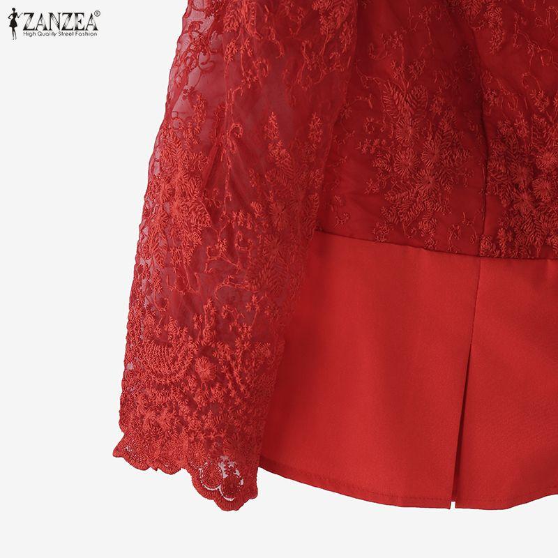 ZANZEA Женская повседневная блузка с V-образным вырезом, рукавом 3/4 и кружевной вставкой, приталенного силуэта