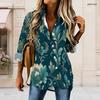 Women Plus Size Black Sunflower Printed Collared Long Sleeve Button Front High Low Curved Hem Shirt