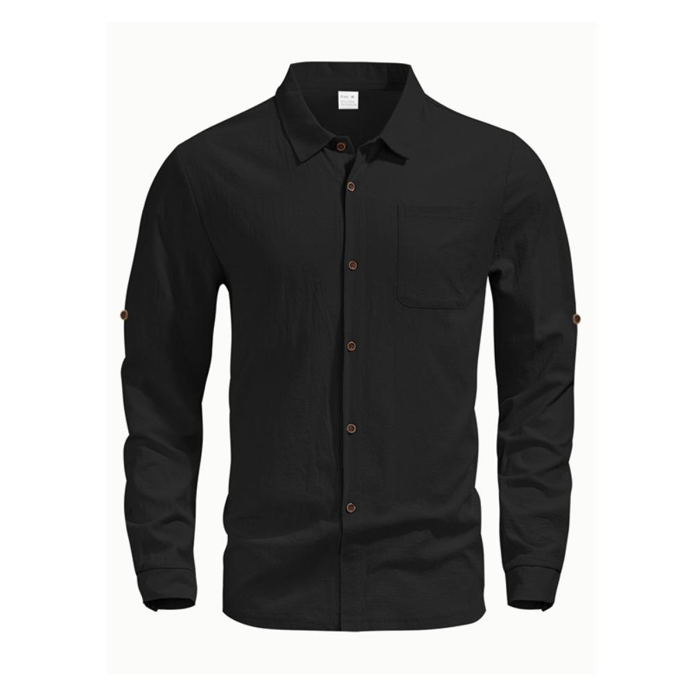 Soft and Comfortable Men's Collar Pocket Solid Color Button Up Cardigan Long Sleeved Linen Top Suitable for Daily Leisure