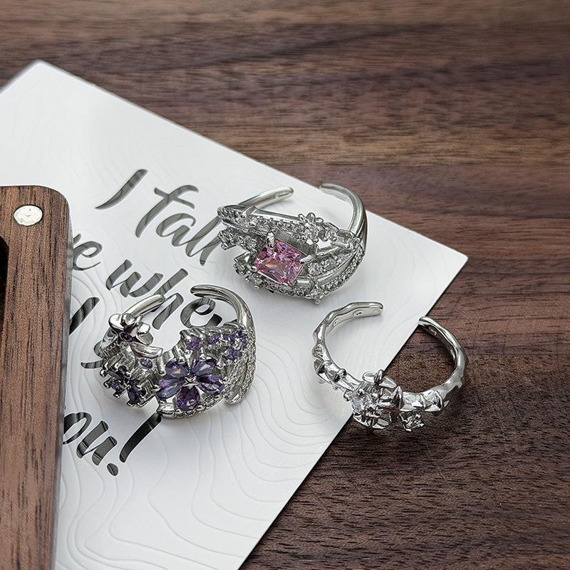 Pink Diamond Zircon Purple Flower Star Opening Ring, Diamond-Set Light Luxury Niche Design, High-End Sense Stacking, Wearing Personalized Rings, Women