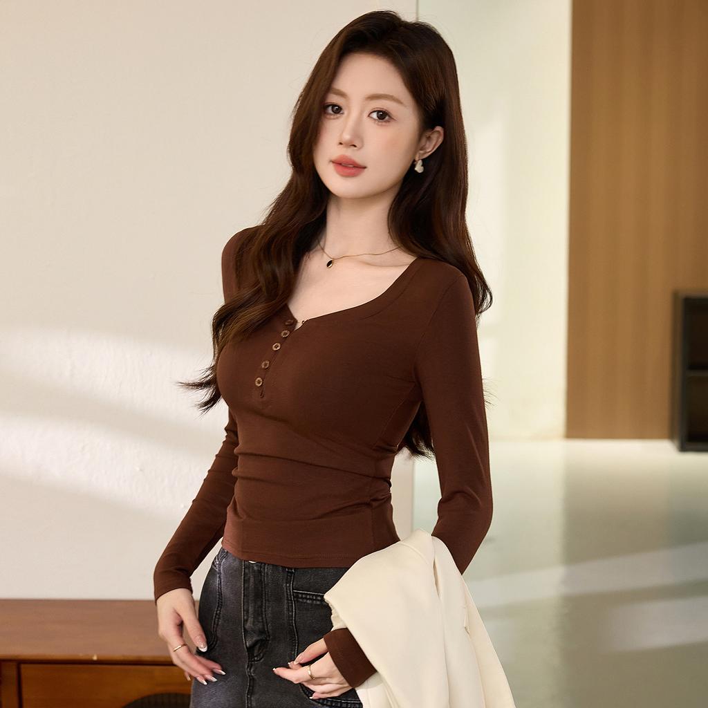 Chic Button Design T-shirt Women Fall New Slim Spice Sexy Long Sleeve Top