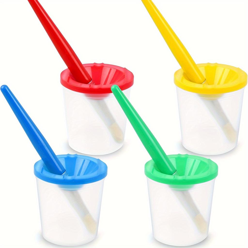 Непроливаемые стаканчики для краски с крышками и 4 круглые кисти, разноцветный пластик для DIY живописи и поделок