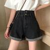 Classic and Minimalist Fashion Versatile Ultra-high-waisted Women Loose Summer Black and Gray Thin Outside Wear Rolled Wide-legged Son Denim Shorts